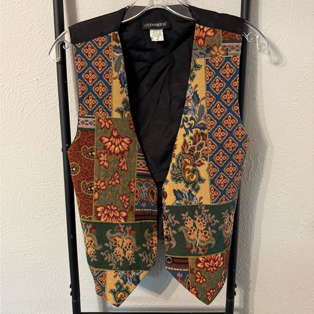 Vintage Xessorium Patchwork Tuxedo Vest Size M/L Adjustable for Fit